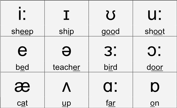 Part of UK phonetic chart showing the long and short vowels
